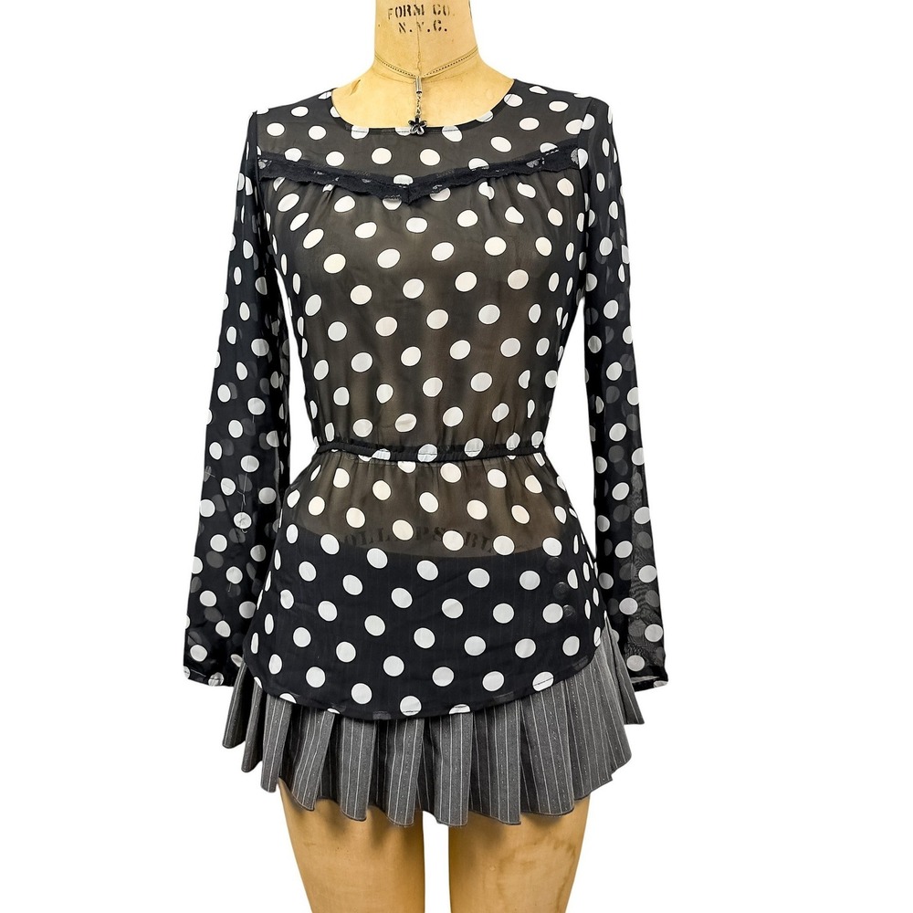 Retro Polka Dot Disney Peplum Top Sheer Chiffon Black White Twee Kidcore Size S